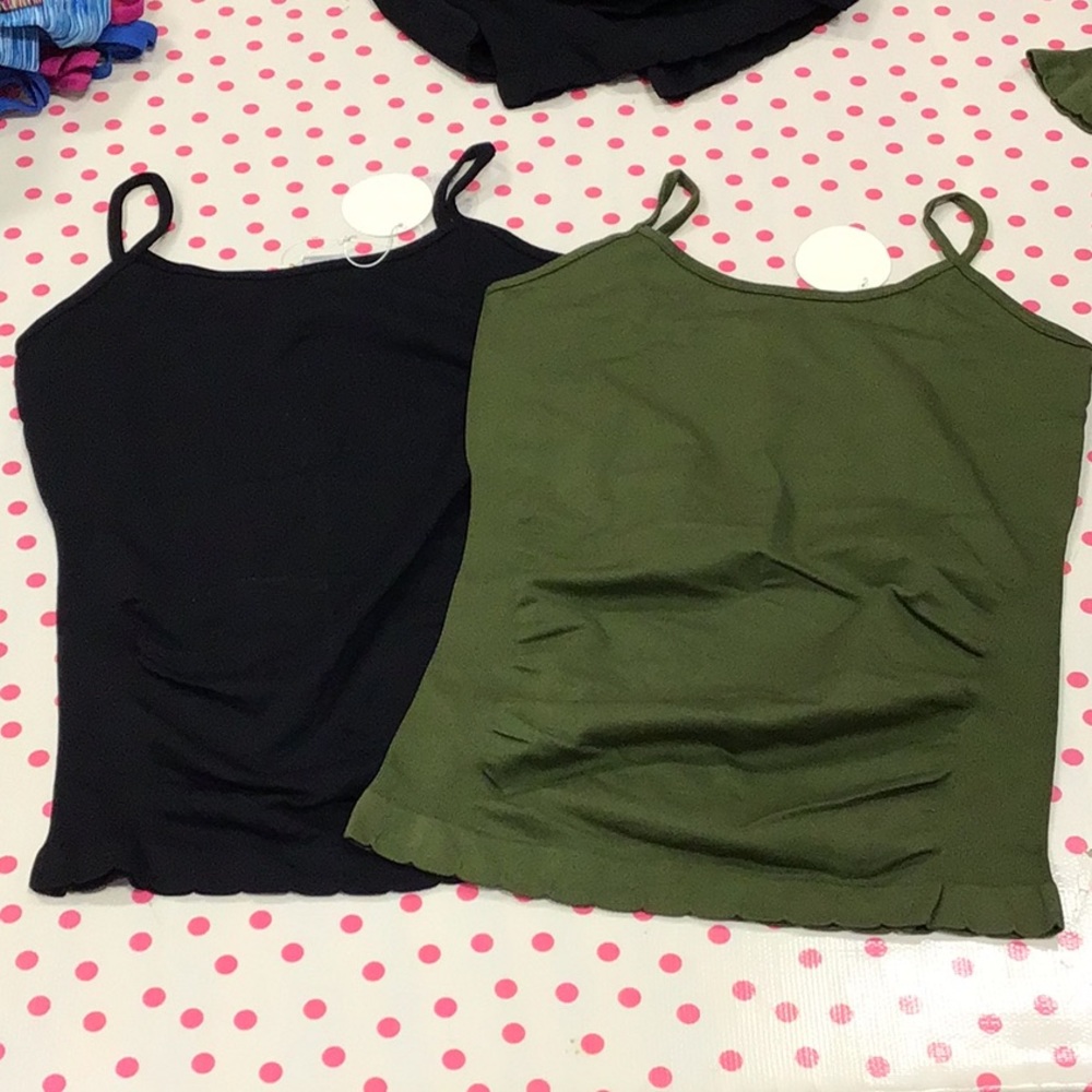 2 side ruched camis, scalloped bottoms, one size, black and olive green